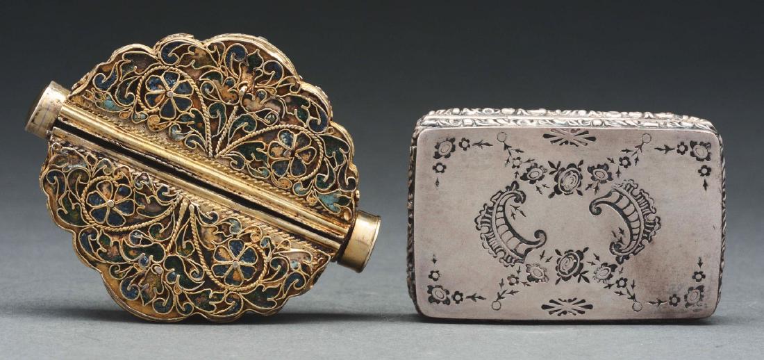 Lot Of 2: Silver Vinaigrettes.: The first is an etched silver box vinaigrette, personalized and dated 1858. Hallmarked. The second is an 18th century enamel and silver gilt vinaigrette and smelling box with scalloped border. Both ha