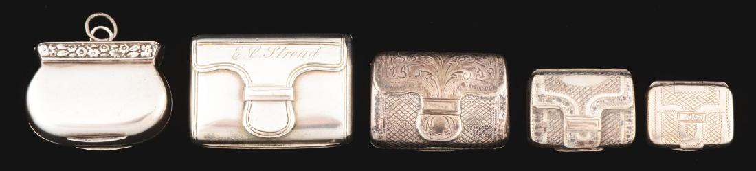 Lot Of 5: Sterling Silver Purse Shaped Vinaigrettes.: Lot includes: five sterling silver vinaigrette with hallmarks. They are dated 1816, 1819, 1815, and 1872. One is engraved with "E. C. Stroud" and another with initials "B. F." Condition: (Excellent). 
