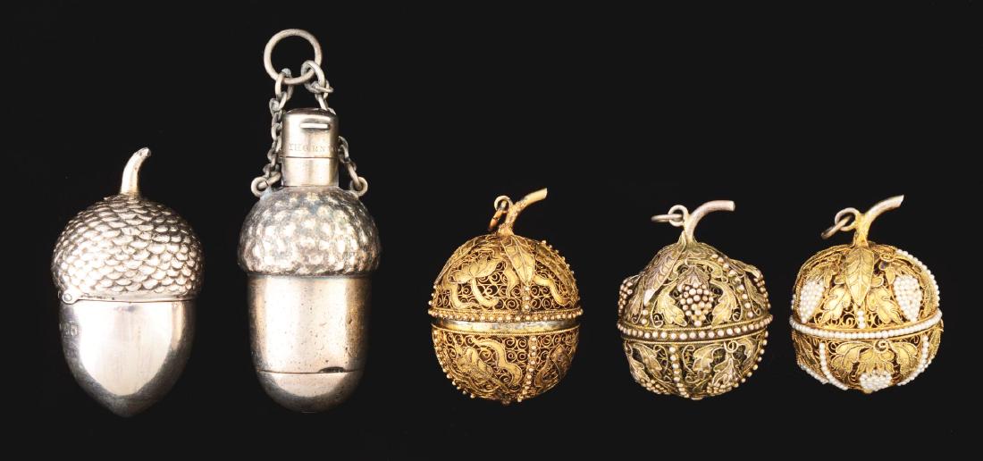 Lot Of 5: Antique Vinaigrettes.: Lot includes: two sterling acorns, the largest of which is hallmarked. The tops open for perfume, bottoms for vinaigrettes and are marked "Thoren Hill". Also included are three apple shaped vinaigrett