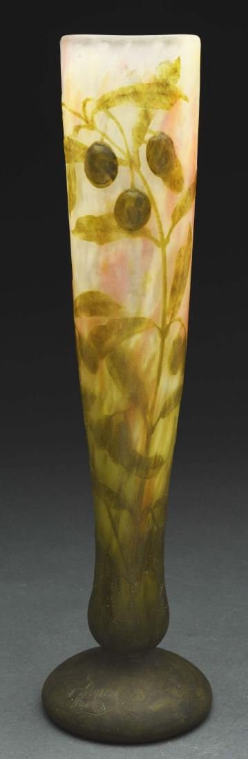 Daum Nancy Cameo Olive Vase.: Daum pedestal foot vase is decorated with cameo layer of wheel-carved green olive branches and five applied and wheel-carved olives all against a mottled background of translucent white, pink and yell
