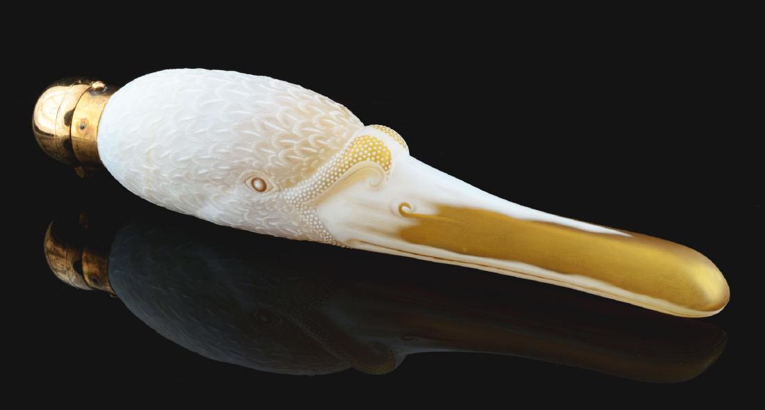 Rare Thomas Webb Cameo Glass Swan.: Perfume bottle has amber glass bill with finely cut feathers. Etched "Rd 11109" and 8-1/2" long. Circa 1880. The cap is frozen in place, otherwise very good. Condition: Item Dimensions: 9" x 2".