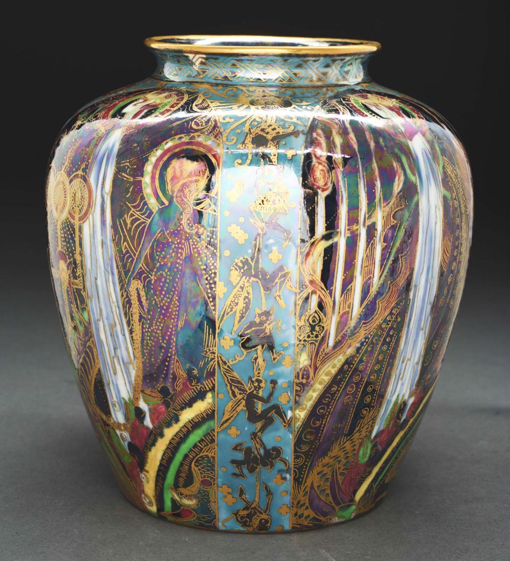 Wedgwood Fairyland Candlemas Vase.: Wedgwood Fairyland Lustre vase is done in the Candlemas pattern with blue and white candles and a woman's head at the top of each candle. Each candle is surrounded by flowing ribbons of color and gild