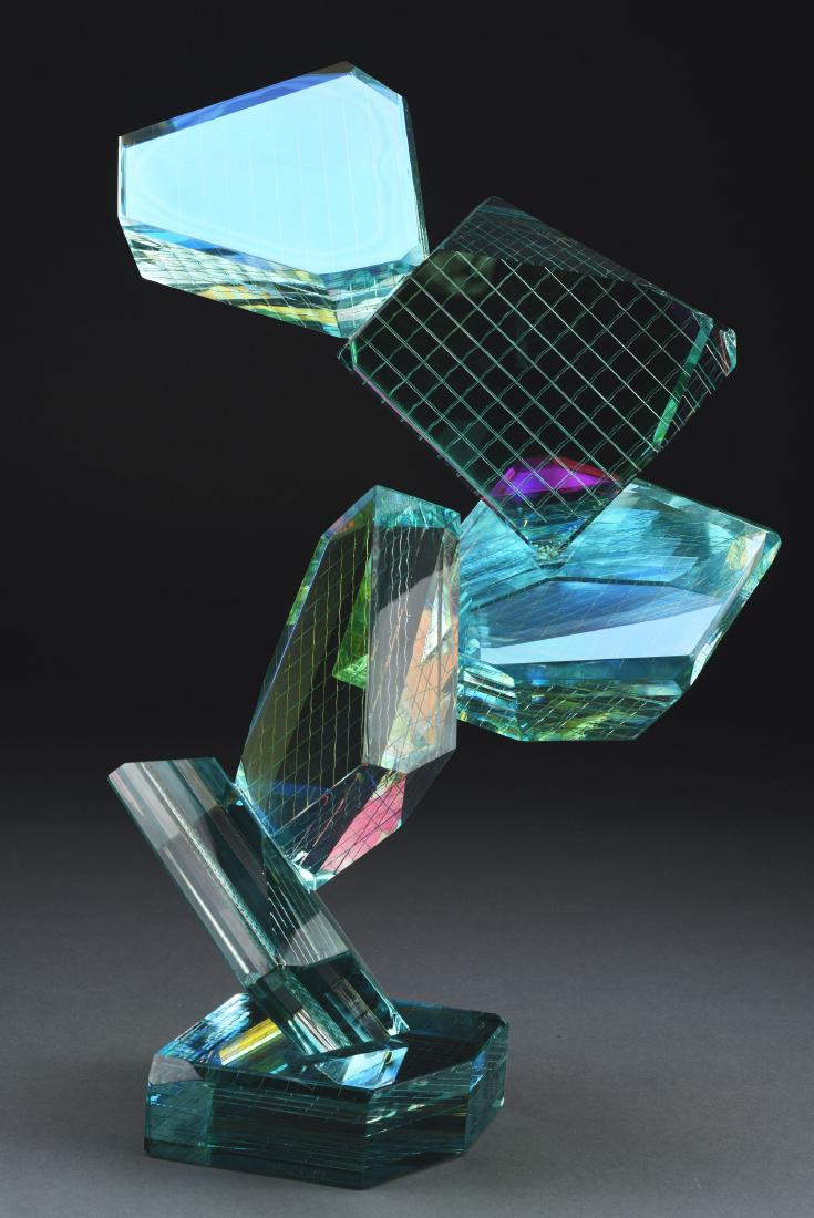 Toland Sand Glass Sculpture.: Contemporary glass sculpture has six geometric glass panels. Each internally decorated with a wire design within the cast green glass. The panels are joined at random angles and the sculpture is signe
