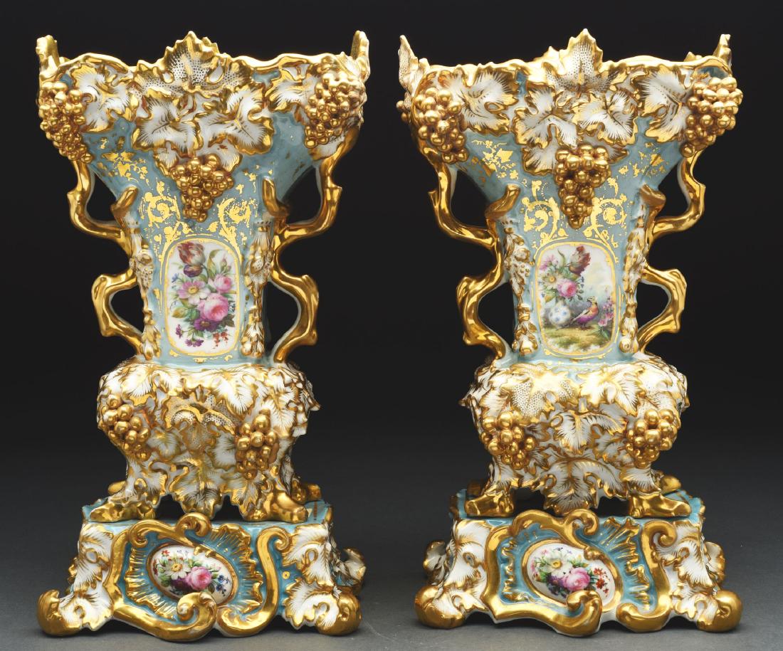 Pair Of Hand Painted Porcelain Vases.: Hand painted vases by Jacob Petit, signed "JP" with birds and flowers with metal holder. Circa 1796. Some minor rubs. Amazing to have survived in this wonderful condition. Condition: Item Dimensions: 