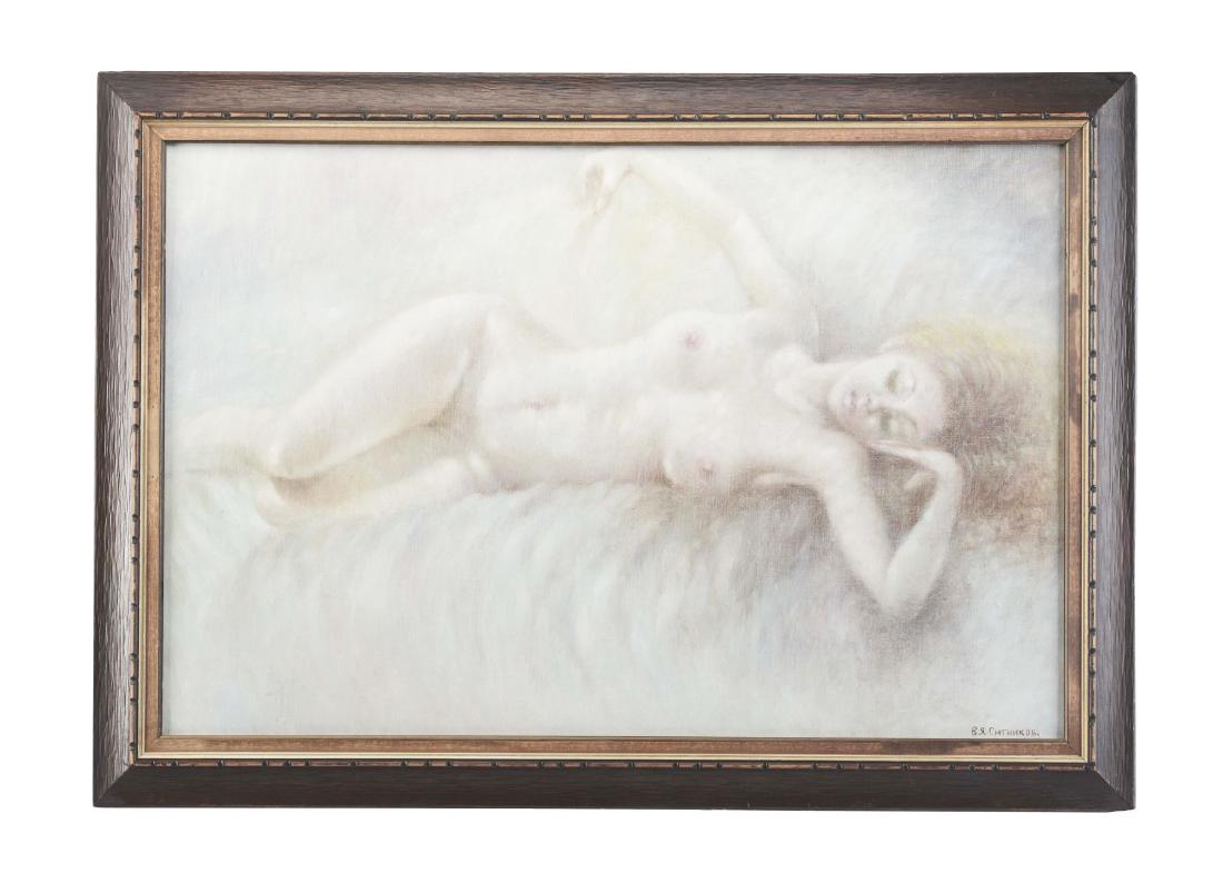 VASILY SITNIKOV (Russian, 1915 - 1987) RECLINING: Signed by and dated on verso in print letter, "1982". Artist: VASILY SITNIKOV (Russian, 1915 - 1987) Condition: Very good, untouched. Created: 1982 Frame: Modern composite simulated wood Medium: Oil o