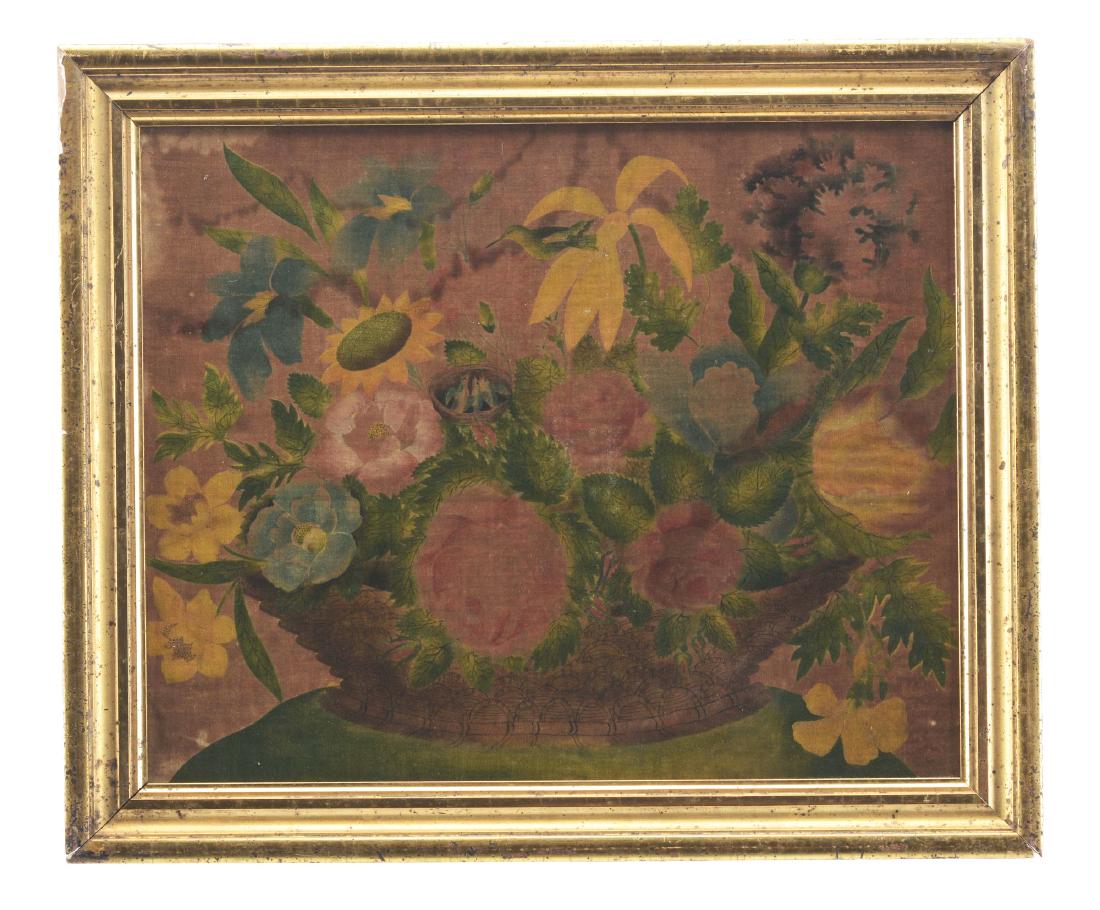 NEW ENGLAND MID-19TH CENTURY THEOREM ON VELVET WITH: Artist: AMERICAN SCHOOL (Mid 19th century) Condition: Generally in good condition with toning. Frame: Lemon gold gilt wood frame Medium: Oil on panel Signature: Unsigned Title: THEOREM ON VELVET WITH 