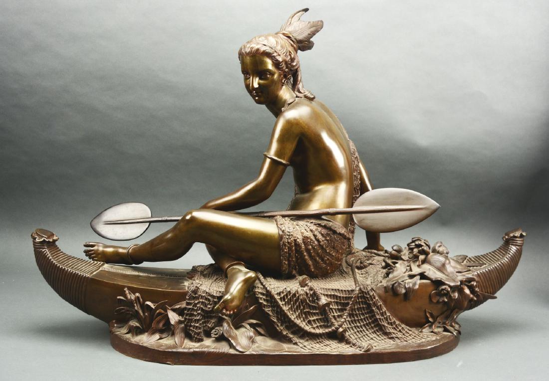 After Duchoiselle (19th Century French) "Allegory Of: Second half 19th century, France. This fine unsigned bronze, cast as the figure of a Native American woman seated in a canoe with draping fish net, holding a double ended paddle. Note: The sculptor ca