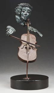 Paul Fairley Bronze.: Mounted on a round black Belgian marble. Very fine original surface, cello with nut brown patina, visage and player's hand's in a vertigree. Dates: (Canadian, 1948 - 1991). Limited Edition: 106/350. S