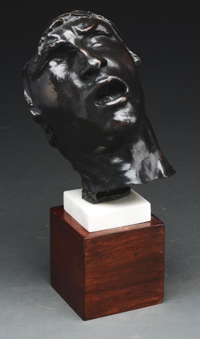 AUGUSTE RENE FRANCOIS RODIN (French 1840-1917) SORROW: Signed LR A. Rodin/Paris / 1905. Alexis RUDIER. Fondeur. The "ND" is scratched out. Fine dark olive brown patina. Sculpture is 11-1/2" tall, overall 18-3/4" tall. Condition: Item Dimensions: 18-3/4" T