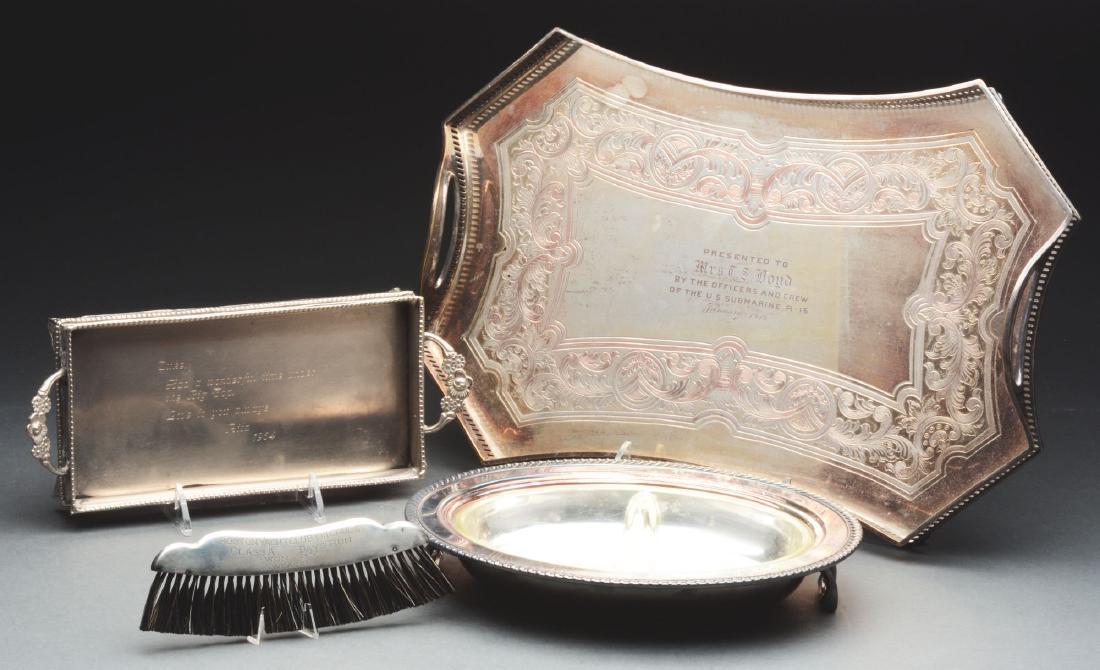 Lot Of 4: Sterling Silver Plate Items Of Historic: Lot includes a large silver plate tray from 1919 inscribed "Presented to Mrs. T. S. Boyd by the Officers and Crew of the U.S. Submarine R-15", 15" wide; a Stetson tray dated 1964 from Rita Hayworth to