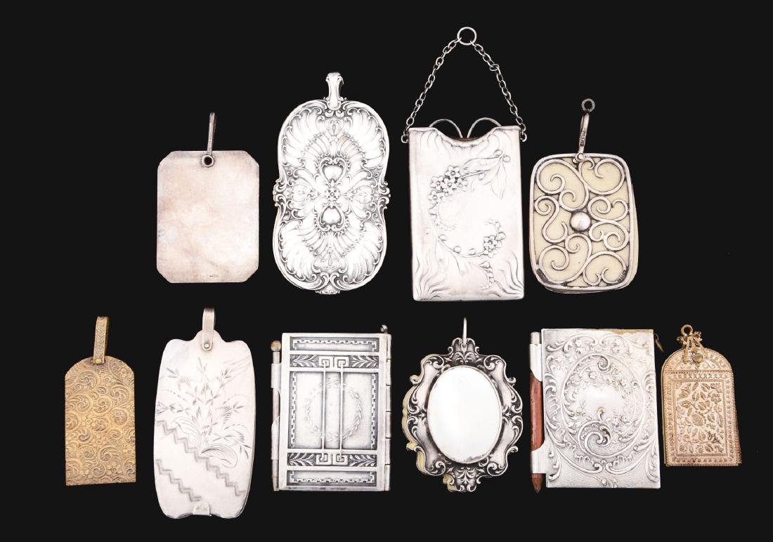 Lot Of 11: Antique Memo Pads & Sewing Case.: Lot includes: 10 memo pads, two are Gorham, dated 1897 and two include pencils. Some are for chatelaines and all show minor wear. The lot also includes a sewing case with scissors. Condition: Item Dim