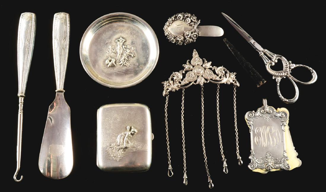Lot Of 8: Sterling Silver Pieces.: Lot includes: seven pieces of Kerr silver and one Shiebler scissors set. The Kerr pieces consist of: gold score card, circa 1900; chatelaine holder, 4" wide with five chains; cigarette box with emboss