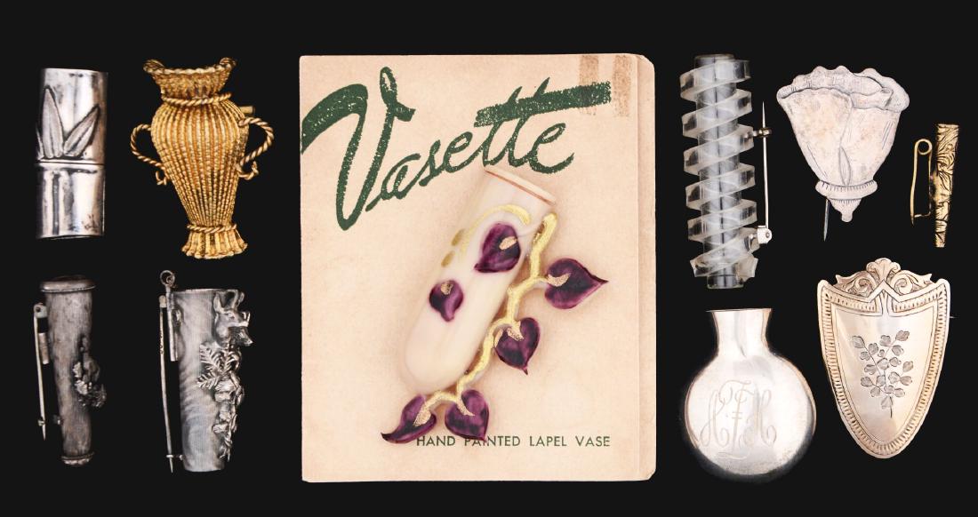 Lot Of 10: Pin Posey Holders or Lapel Vases.: Several are sterling. Holders measure from 1" to 3". Lot includes a case. Condition: (Excellent). Item Dimensions: Case : 12" x 8 -1/4".