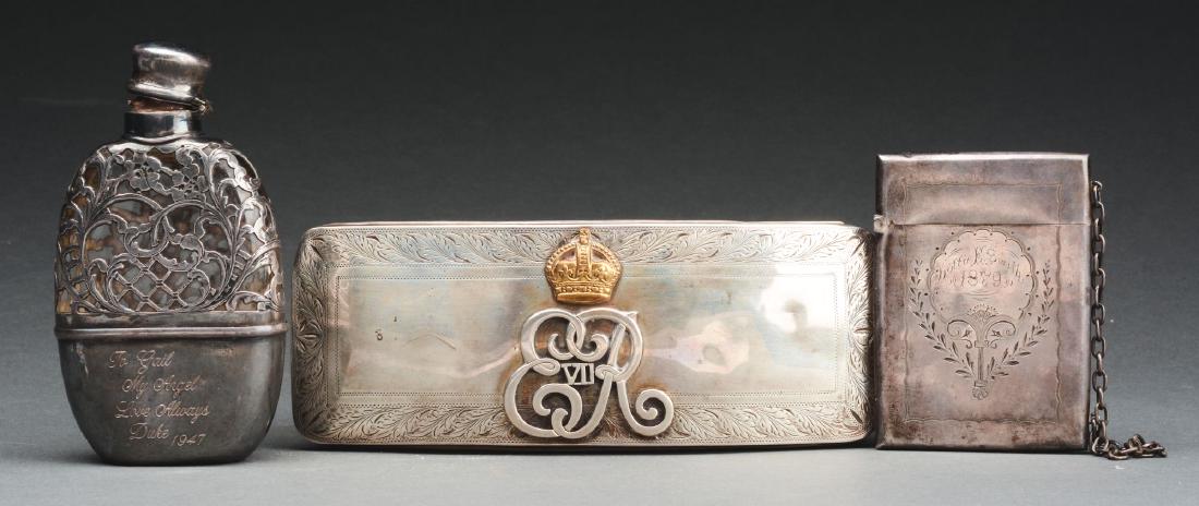 Lot Of 3: Silver Card Holder, Perfume and Cigarette: The silver card holder is engraved on the front "Ottie Smith 1879". Stamped on the lip "Sterling". The card holder has some light dents. The clear glass perfume bottle has silver overlay in floral and