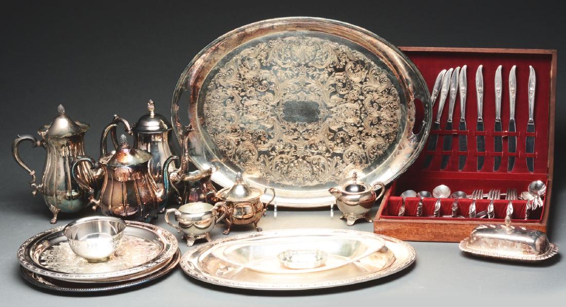 Large Lot of Assorted Silver Plate.: Large lot includes a 1947 Rogers Brothers flatware service for eight with 10 serving pieces, eight large silver trays, three teapots and a few other pieces. All are in very good condition with normal