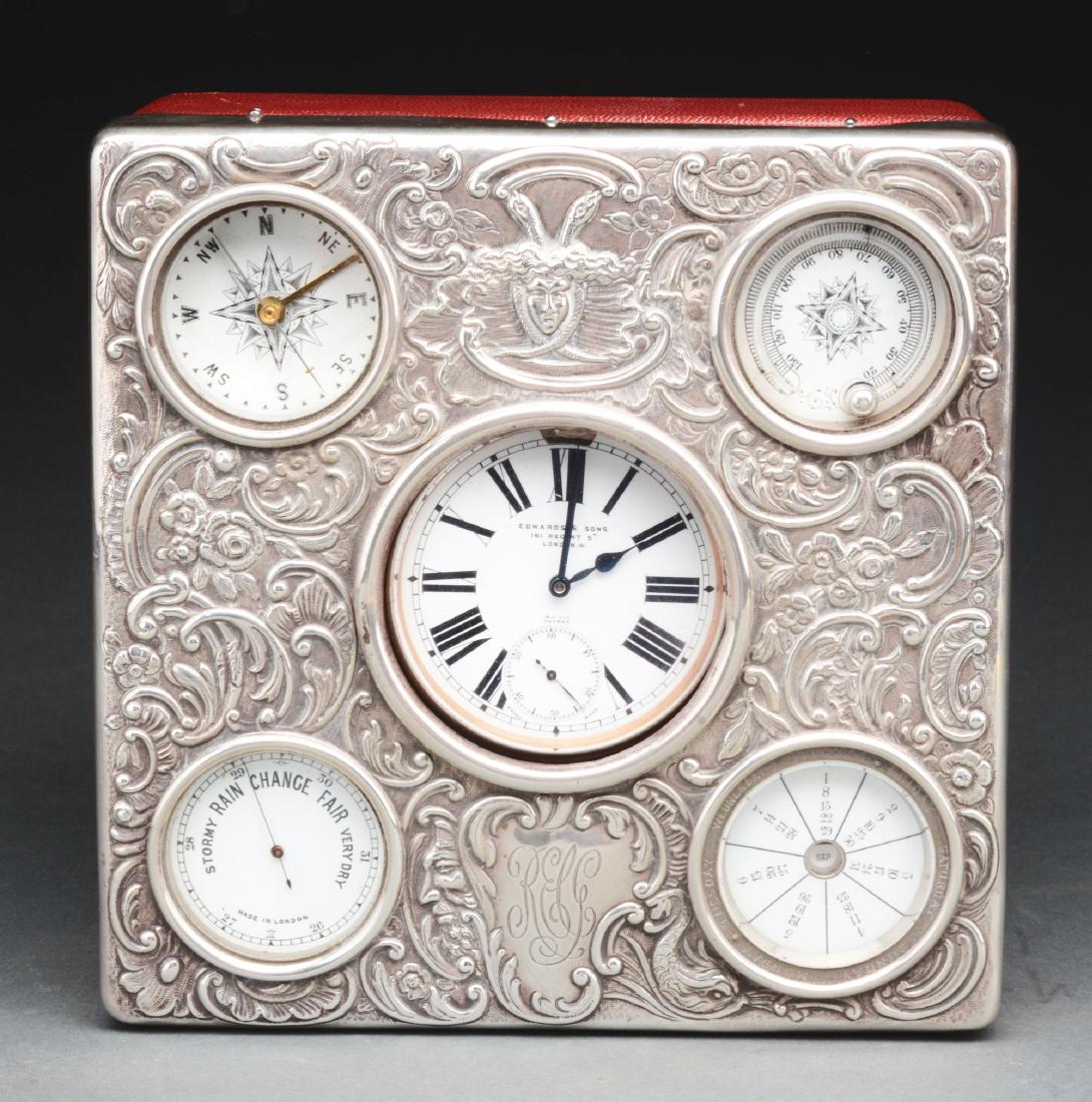 Silver Box with Compass & Pocket Watch.: The sterling silver box has hallmarks. Circa 1900. Included in the box are five instruments; a nickel plated watch, a compass, directional, weather meter and date. Box is embossed with Indian head and