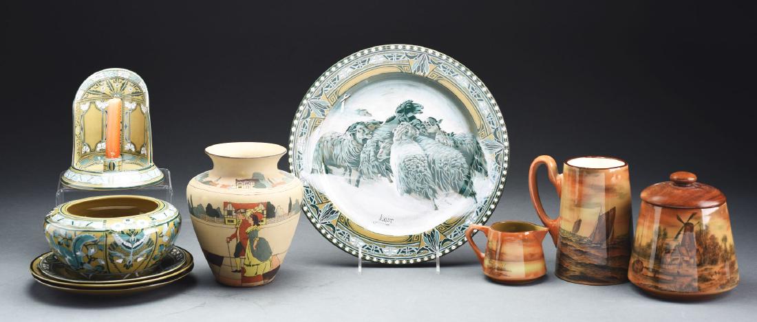 Group of Buffalo Deldare Pottery.: Early 20th century, Buffalo New York. Group includes: Emerald Deldare plaque with sheep "Lost" 1911 backstamp, 13-1/2" diameter, artist signed "R. Stuart", possible lacquer resurfacing of charger. The
