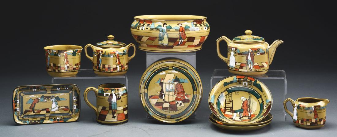 Lot of 12: Buffalo Deldare Pottery including "Ye Olden: Lot includes two tea tiles "Travel in Ye Olden Times" with 1908 backstamp, artist marks "H" and "l. Newman", very good condition, 6" diameters. There is a 6" bowl depicting a man seated alone, with a 