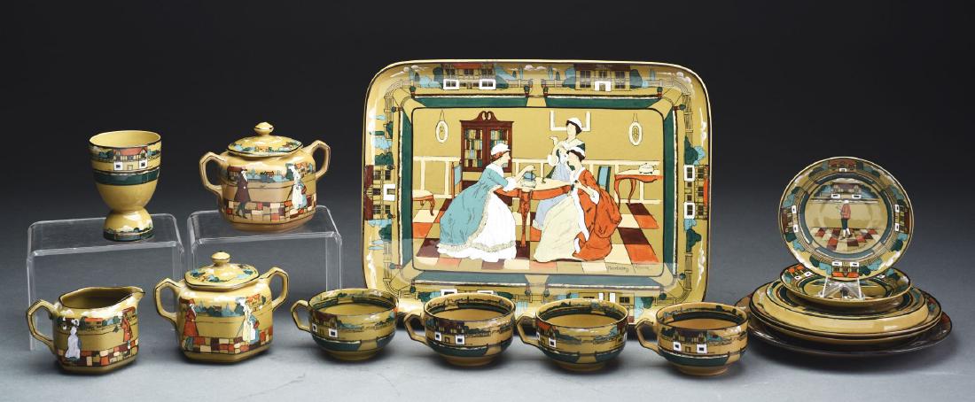 Group of Buffalo Pottery Deldare Tea and Table Wares.: 1908-1925, Buffalo New York. This group to include one rectangular tray "Heirlooms", 1908 Buffalo underglaze backstamp, artist signed "W. Folter", very good condition, 10-1/4" x 13-3/4". There are two