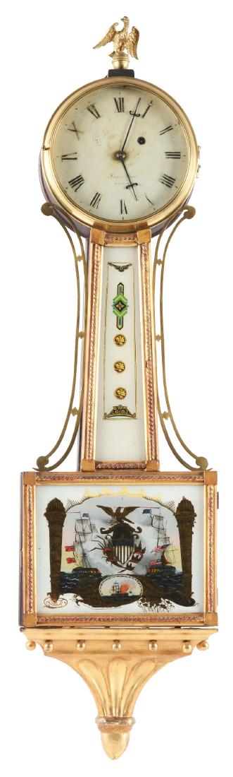 Federal Mahogany Willard Style Presentation Banjo: First quarter 19th century, Massachusetts. Of typical form, the enameled iron dial with Roman numeral chapter ring and time only aperture. Marked in script, "Aaron Willard /BOSTON." The brass movement