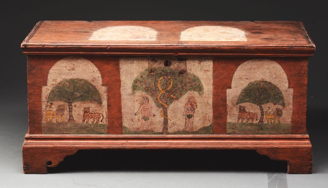 Rare and Unique PA Adam & Eve Decorated Dower Chest Mid: Late 18th/Early 19th Century Pennsylvania, probably Mahantongo Valley. This outstanding pine chest, the surface comb-decorated, featuring three painted panels on the front. The central panel depicts a