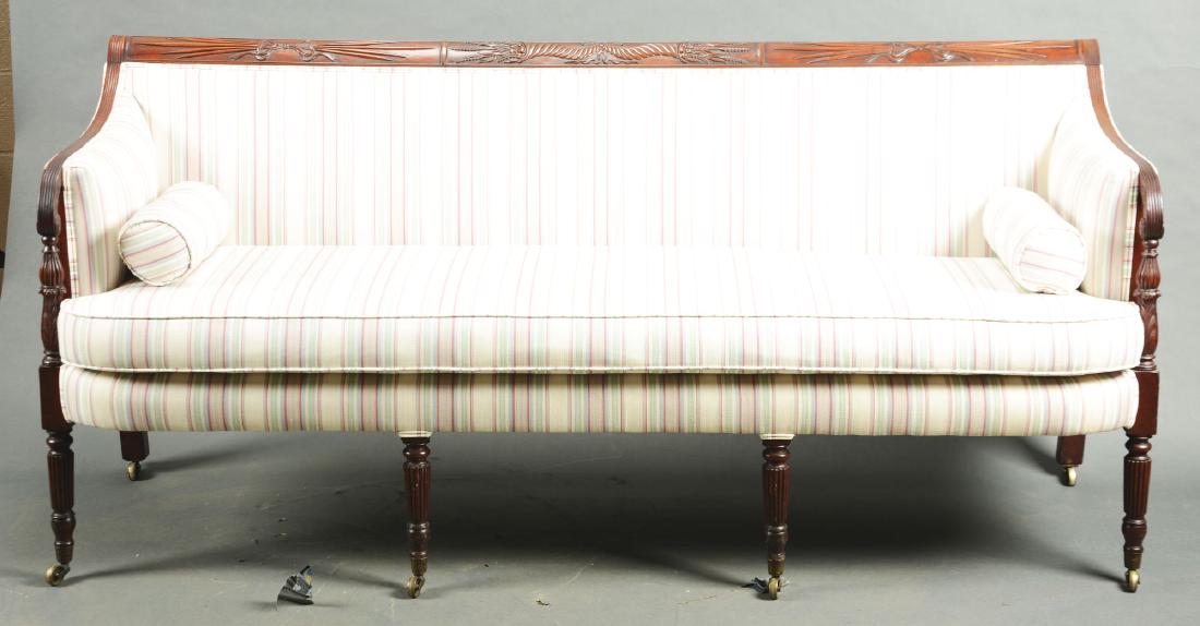 Fine Sheraton Carved Mahogany Settee.: First quarter 19th century, American, probably New York. Attributed to the school of Duncan Phyfe. The rectangular crestrail carved with intertwined cornucopia flanked by bow-tied sheaves, continuing