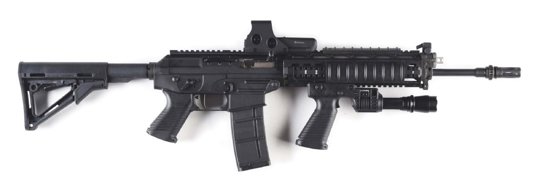 (M) Sig Sauer 556 Semi-Automatic Rifle with: Sig Sauer Model 556 semi-automatic clip fed tactical rifle. Comes with Eco Tech military sight, picatinny rail, adjustable side grips, adjustable front grip light, ambidextrous safety, Mag-Pul adjusta