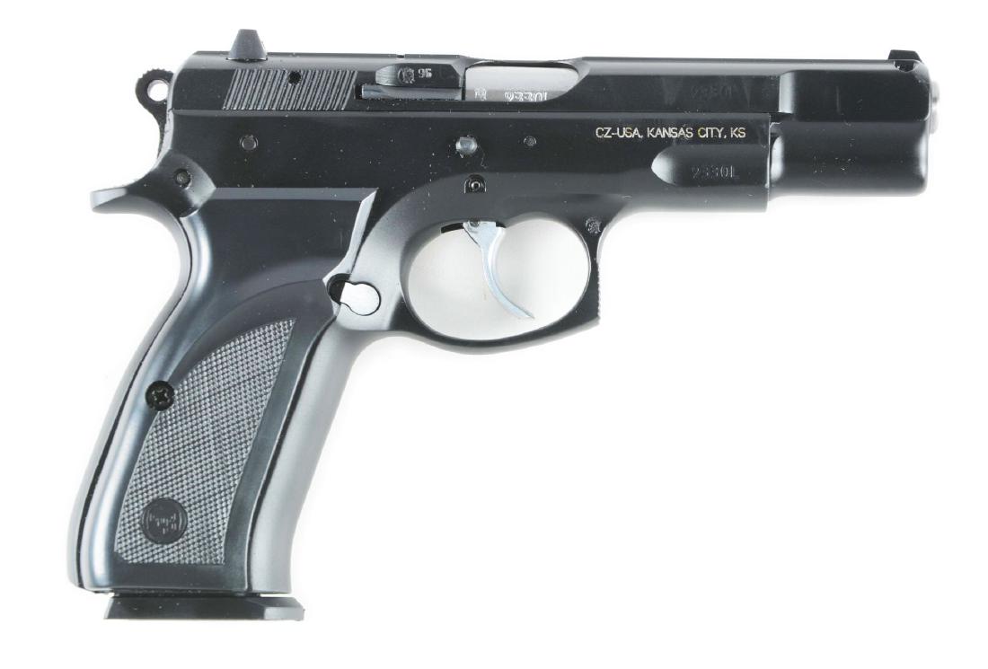 (M) CZ 75B Semi-Automatic Pistol.: CZ 75B with the following features: white three dot sights, serrated matte rib, rear cocking serrations, ring hammer, left side only safety, 85C style trigger, plastic grips, flat mainspring cap, duty