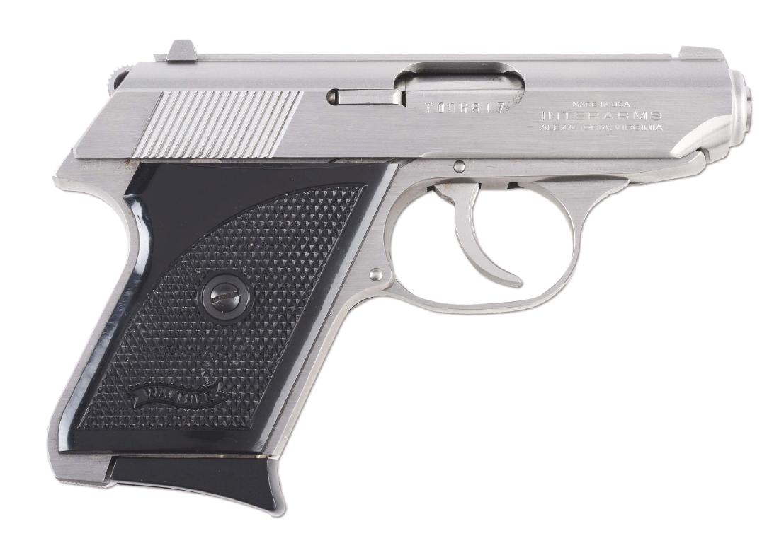 (M) Boxed Walther Model TPH Semi-Automatic Pistol.: Manufactured by Interarms, this is the stainless steel version styled after the PP Model. Licensed by Walther. Features matted rib, red dot sights, stainless finish and Walther banner black composite 