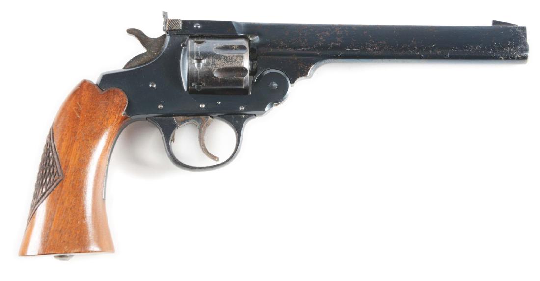 (M) Iver Johnson .22 Supershot Sealed Eight Double: Features include teardrop shaped barrel with post front sight, tip-up double action, eight shot fluted cylinder, case color hammer and trigger, one piece wood grips with a large checkered diamond at t