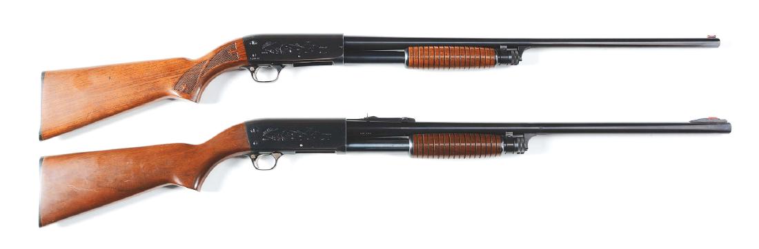 (C) Lot of 2: Ithaca Slide Action Shotguns.: Lot consists of: Gun (A) Fine, high quality shotgun with lots of condition in the hard-to-find 20 gauge. Features the grooved walnut forend, pressed checkering buttstock, laser engraved frame, and red