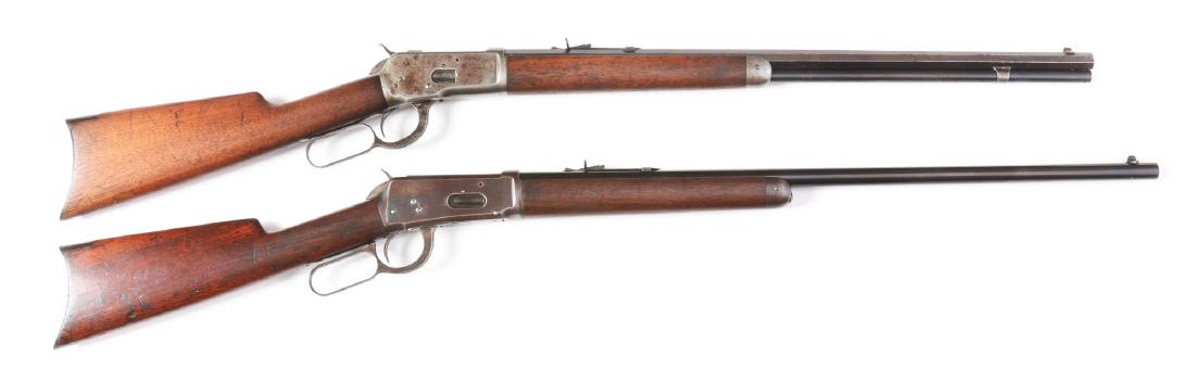 (C) Lot of 2: Winchester Model 1892 & 1894 Lever Action: Gun (A) Winchester Model 1892 lever action rifle manufactured 1914. Features octagon barrel, full magazine, Winchester sporting sights, blued finish, walnut stocks and rifle butt. CONDITION: Clean, at