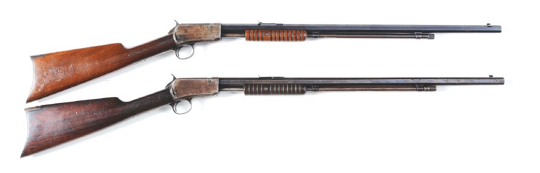 (C) Lot of 2: Winchester Model 1890 Rifles.: Lot consists of: Gun (A) Fine collector grade worthy of its own lot, while Gun (B) is a shooter. Both guns are Model 1890 slide action rifles and feature octagon barrels, 2/3 magazine loading tubes, t