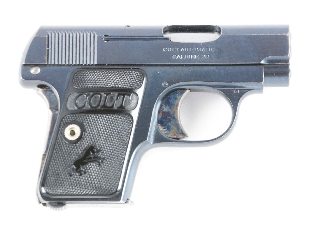 (C) Colt Model 1908 Vest Pocket Pistol (1921).: These popular little pocket pistols featured blued finish with case colored safety, grip safety and trigger. CONDITION: This example has a hint of high edge muzzle wear, retaining approximately 98% or