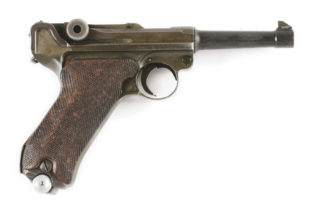 (C) Mauser "42" Luger Semi-Automatic Pistol.: Manufactured by Mauser in Oberndorf, Germany in 1939, this Luger has a Mauser 42 code. Matching numbers include: receiver, toggle, side plate, side plate lever, safety, and rear sight. Gun has a repar