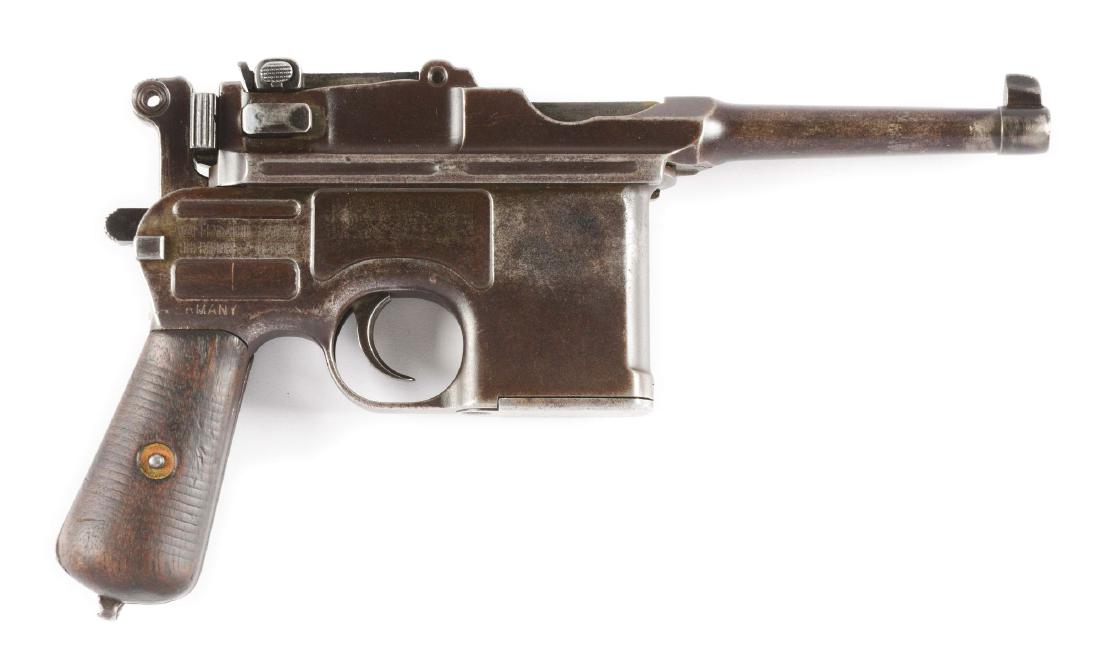 (C) Waffenfabrik Mauser Bolo Semi-Automatic Pistol with: Manufactured early post-World War I between 1921 and 1923. Standard Mauser Bolo chambered for the 7.63mm Mauser cartridge with internal ten round magazine. Grooved walnut grips with aftermarket or Chi
