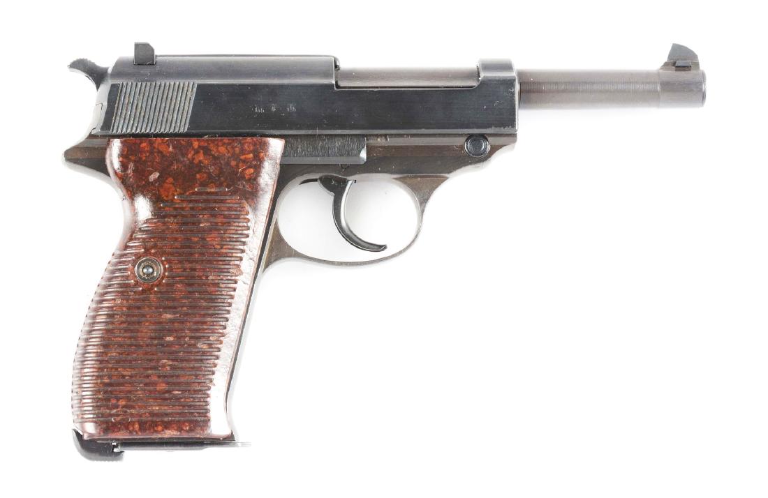 (C) Mauser P.38 Semi-Automatic Pistol.: Wolrd War II byf 43 stack date code P.38 pistol with brown Bakelite grips. Eagle 135 inspection overall including magazine. Numbers all matching including slide, frame, barrel and locking block. Russi