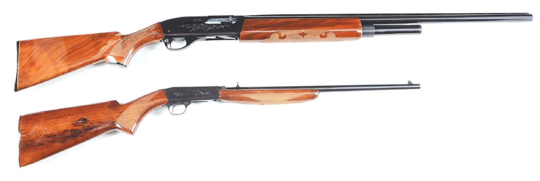 (M) Lot of 2: Remington Model 1100 Semi-Automatic: Lot consists of: Gun (A) Remington Model 1100 shotgun with blued fixed choked ventilated rib barrel with bead front sight. Blue stamped floral engraved frame with extended magazine. Wood pistol grip s