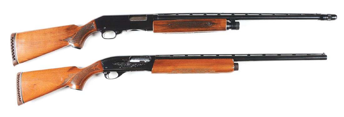 (M) Lot of 2: Fine American Shotguns.: Lot consists of: Gun (A) Remington Model 1100. Features vent rib, twin beads, semi-automatic, press checkered walnut stock with pistol grip cap and waffle pad. CONDITION: Barrel retains approximately