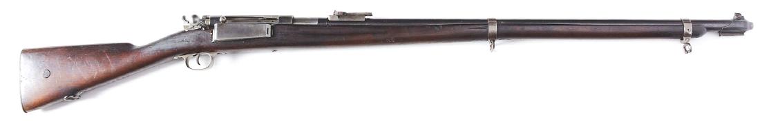 (C) Danish Model 1889 Krag Bolt Action Rifle (1905).: Bolt number does not match the rifle. Matching numbers on frame, barrel, front band, and rear sight. Rear sight graduated to 2000 meters. Walnut stock. CONDITION: Barrel retains approximately 90% blue