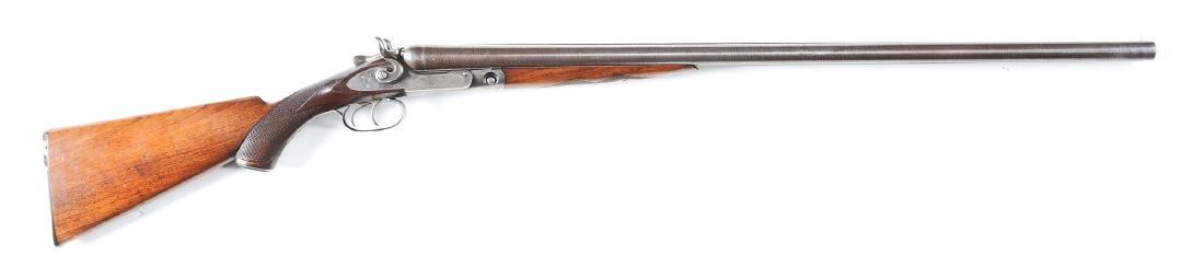 (A) Parker Bros. Double Hammer Top Lever SxS 12 Gauge: This plain twist barrel 0 Grade comes with pistol grip stock, Parker dog's head hooked buttplate, splinter forearm, fishtail lever, concave matted rib with brass bead sight, case hardened frame and ha