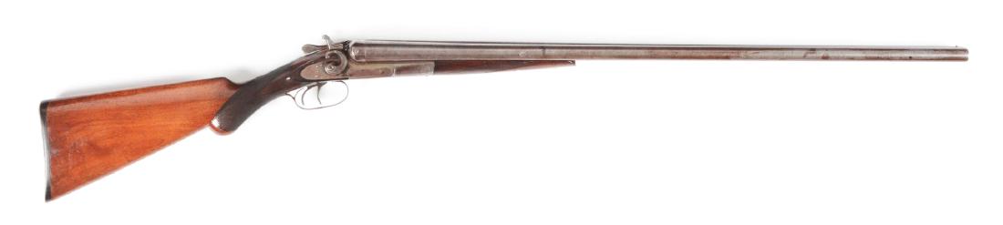 (A) Remington Arms Co. Model 1889 Transitional Double: A Model 1889 shipped in 1888 within the 1885/1887 serial number block. Features 1885 buttplate, damascus barrels, full matted rib, single bead front sight, standard ejector, sideplate action, dual exp
