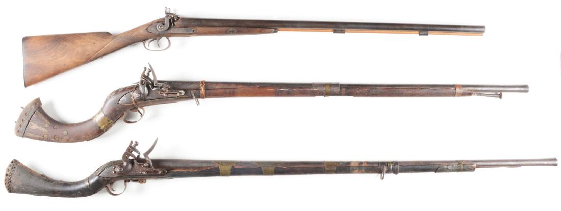 (A) Lot of 3: Unknown SxS Shotgun and Arabic: Lot consists of: Gun (A) Muzzleloading side by side percussion shotgun with patent twist steel barrels. Walnut checkered wood stock with steel buttplate and flat keyed barrel escutcheon. Iron ramrod p