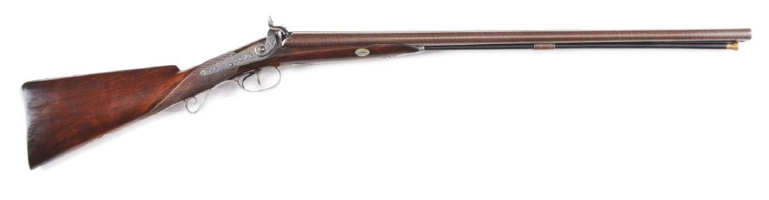 (A) J. Hunter, London, 12 Bore SxS Percussion Shotgun.: This beautiful shotgun features backlock engraved actions stamped J. Hunter, engraved hammers that resemble fish heads, absolutely wonderful twist barrel, finished brown. Solid rib with single ivory b