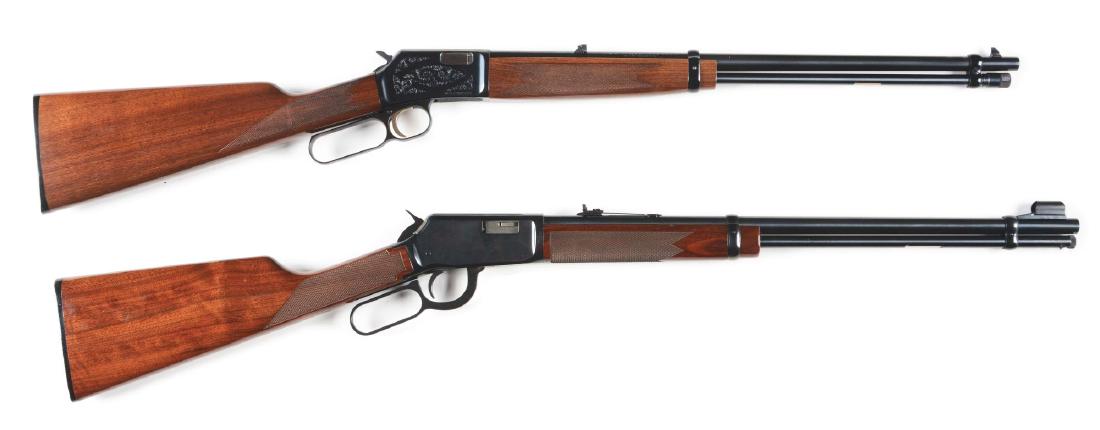 (M) Lot of 2: High Condition Lever Action .22 Rifles.: Lot consists of: Gun (A) Browning BL-22. Features round barrel, tube fed magazine, folding rear sight, post front sight, checkered straight grip high finish walnut stock with Browning buttplate, check