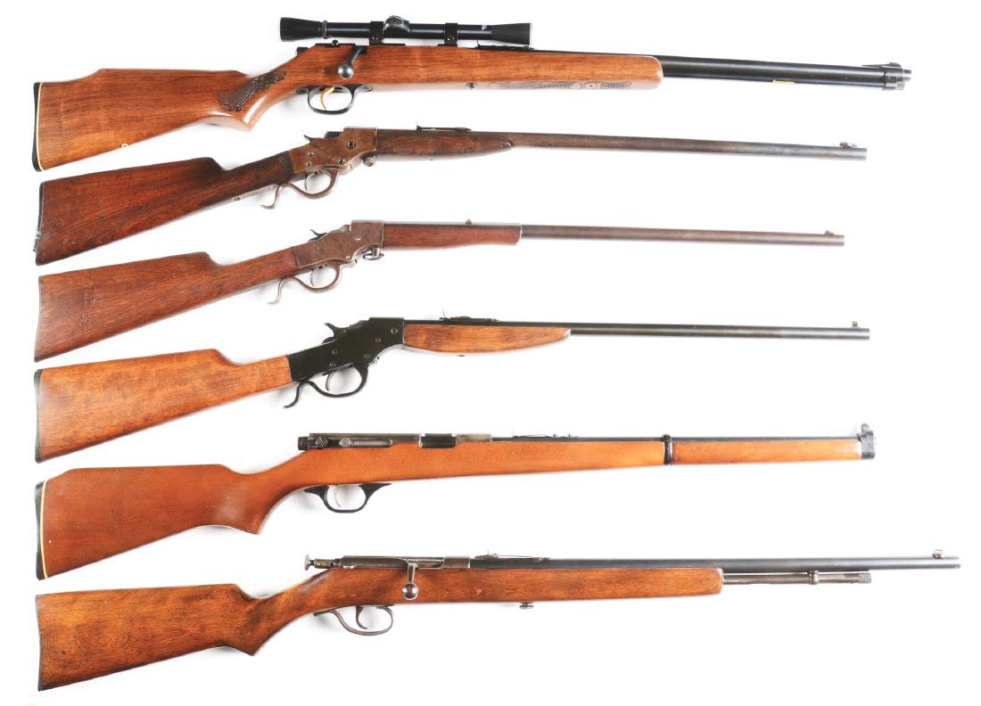 (M) Lot of 6: Assorted .22 Rifles.: Lot consists of: six rifles of .22 caliber in various shapes and form. Gun (A) Marlin Model 781 bolt with wood stock and Weaver challenger scope. CONDITION: Good condition, mechanically sound with min