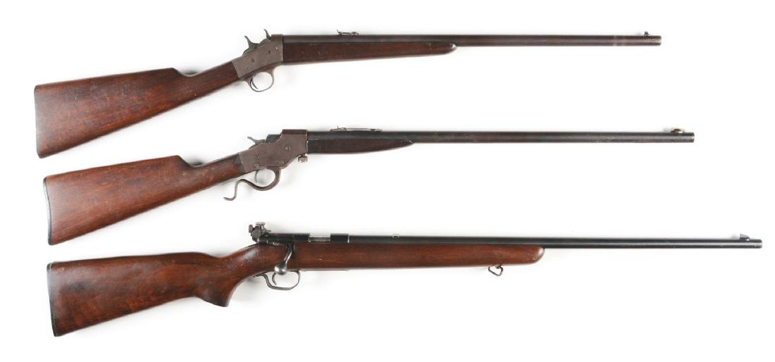 (C) Lot of 3: American .22 Caliber Boys' Rifles.: Lot consists of: Gun (A) Remington Model 4. CONDITION: All metal is brown patina. Walnut stock is very good with the name "CHIP" carved on left side. Visible rifling. Gun (B) Stevens single shot Model