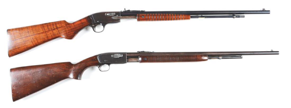 (C) Lot of 2: Pre-War Slide Action .22 Rifles.: Lot consists of: Gun (A) Ward's Western Field takedown, tube fed, slide action rifle. Features full round barrel, 2/3 tubular magazine, grooved walnut fore end, pistol grip walnut stock, smooth metal 