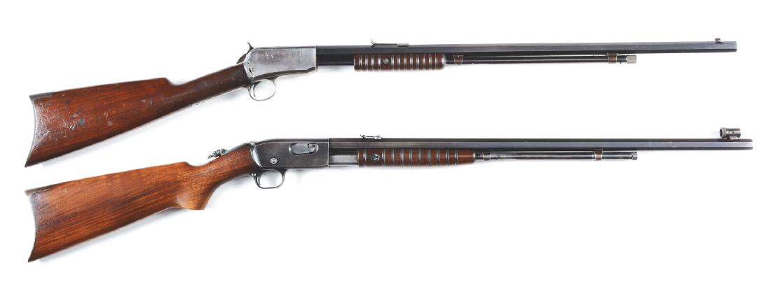 (C) Lot of 2: Pre-War .22 Caliber Slide Action Rifles.: Lot consists of: Gun (A) Winchester Model 90 manufactured 1906. Features full octagon barrel, 2/3 tube loading magazine, original Winchester sporting sights, takedown, blued finish, grooved walnut for