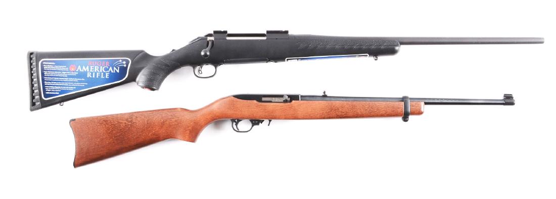 (M) Lot of 2: Ruger Bolt Action and Semi-Automatic: A) Ruger American bolt action rifle with 4 shot detachable mag. Blued finish on all metal parts. Black synthetic stock with recoil pad. Comes with box, papers and scope mounts. B) Ruger 10/22 with blu